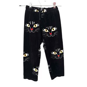MINI RODINI Cat Face Velour Pants Black Girls 5-7Y